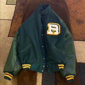 Green and yellow vintage varsity jacket.